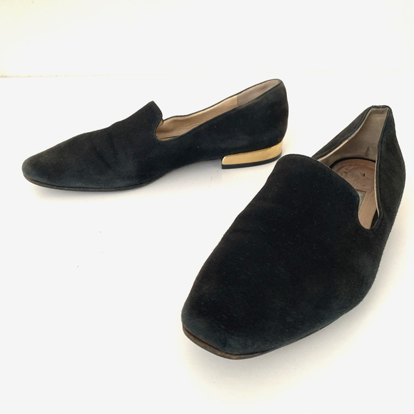 Jimmy Choo Jaida Black Suede Square Toe Smoking Slipper Flat Gold Heel 36 5.5 - Picture 9 of 16